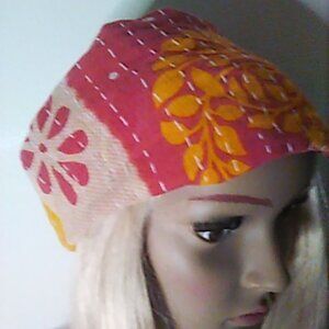 Kantha Headband Wide Faded Red Marigold Tan Cotton Boho Hippie Gypsy New H67.